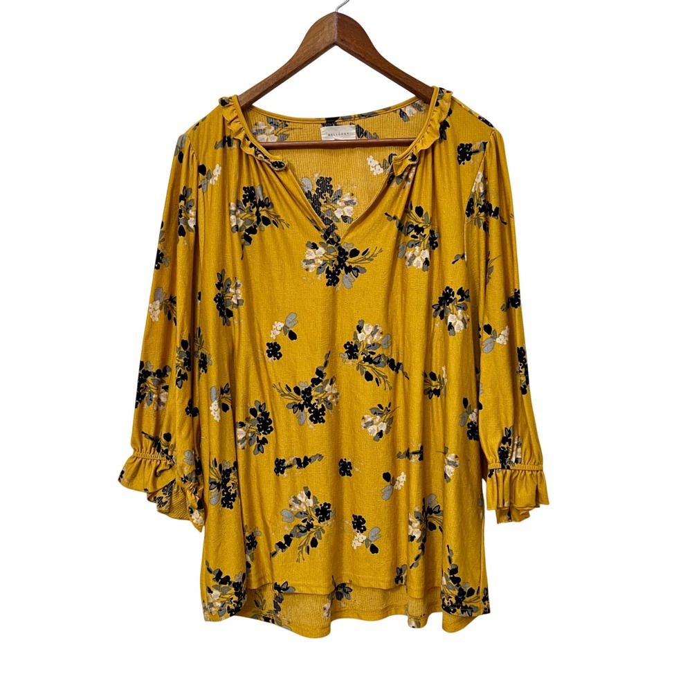 Melloday Mustard Yellow Floral Ruffle Neck Blouse Plus Size 1X Cottage Boho
